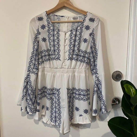 Shareen Collections Other - Shareen Collections Boho Playsuit Blue/ White Bell Sleeves AU 10 Button Up
